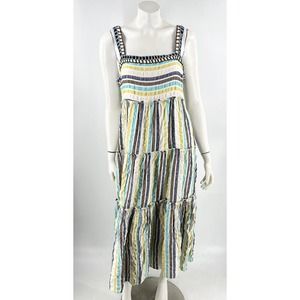 Postmark Anthropologie Midi Dress Sz 10 Petite Striped Brown Yellow Teal Womens